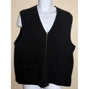 Neiman Marcus L Sweater Vest Black 100% Lambswool Full Zip Ribbed Knit Pocket